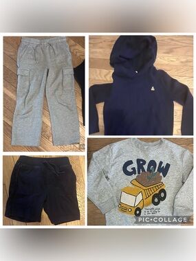Gap Bundle 5T Boys Hooded Sweater, Cargo Sweatpants, Cotton Shorts, HM Crewneck
